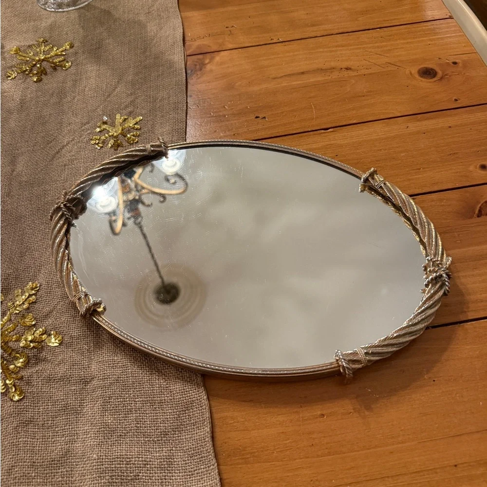 Vintage Stylebuilt Oval Mirrored Vanity Tray Organizer Rope Bow Gold Tone